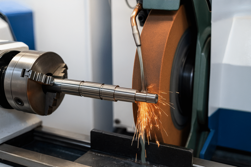 High-precision cylindrical grinding machine in operation, machining a metal shaft with sparks and coolant spray visible—highlighting accuracy, industrial efficiency, and surface finishing process.