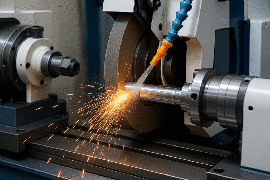 Close-up of a cylindrical grinding machine in operation, emitting sparks as the abrasive wheel shapes a rotating metal shaft—capturing industrial precision, speed, and accuracy in motion.