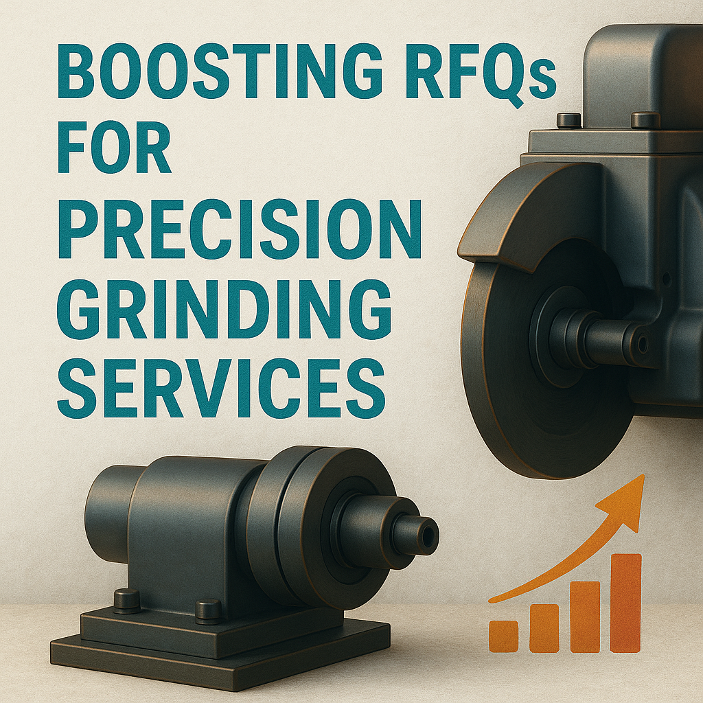 Majestic digital advertisement for precision grinding services with a whitish stone-textured background and vibrant cyan typography. Features high-detail illustrations of CNC grinding machines, an ascending bar chart, and an upward arrow symbolizing increased RFQs and industrial growth. Colorful accents in teal, silver, and royal blue build trust and professionalism, making it ideal for manufacturing, machining, and B2B engineering service promotions