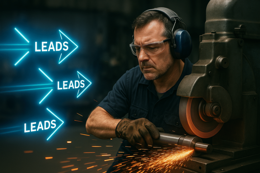 Realistic high-resolution image of a skilled industrial worker performing precision grinding on a metal component using a large grinding machine. Bright sparks fly from the grinding wheel, while animated, glowing blue arrows labeled 'LEADS' dynamically flow toward him, symbolizing increased client inquiries and lead generation. Set in a modern, dimly lit workshop with detailed machinery, the image blends real-world craftsmanship with digital marketing concepts—ideal for SEO in manufacturing, B2B services, CNC machining, and industrial lead generation.
